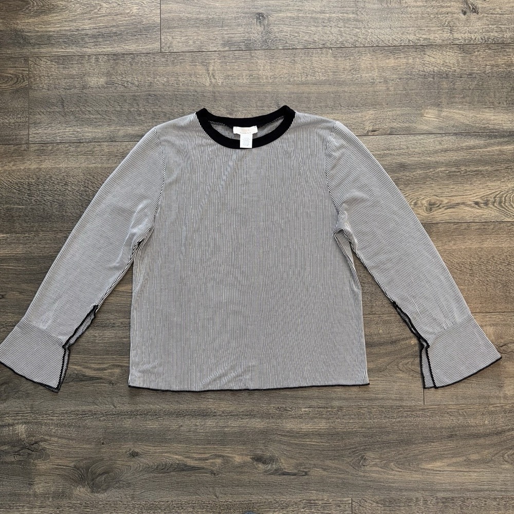 Urban Romantic Women L Black Grey Pin Stripe Top  Split Bell Sleeves Work Preppy